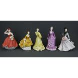 Twelve Coalport lady figurines and a further Royal Doulton figure, tallest H. 21cm.