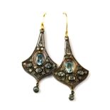 A pair of yellow and white metal (tested gold and silver drop earring set with blue topaz and