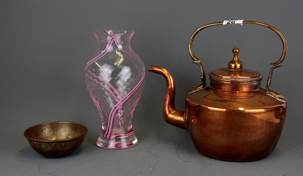 A 19th Century copper kettle with an Eastern copper brass bowl and a glass vase, kettle H. 27cm.