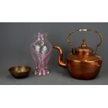A 19th Century copper kettle with an Eastern copper brass bowl and a glass vase, kettle H. 27cm.