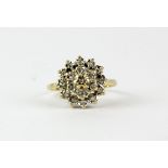 A 9ct yellow gold diamond set cluster ring, (J.5).
