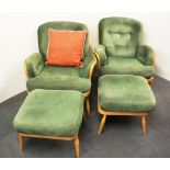 A pair of vintage Ercol upholstered armchairs and footstools.