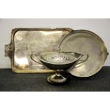 A large silver plated gallery tray, W. 65cm. together with a silver plated cake stand, Dia. 39cm.