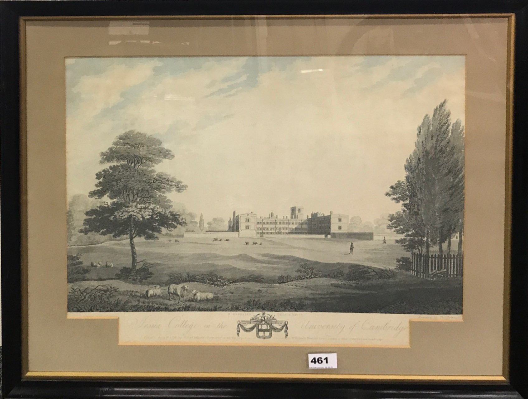 A framed 18th Century engraving of Jesus College Cambridge, engraved by Thomas Cartwright (1535-