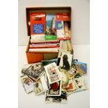 A box of postcards and vintage road maps.