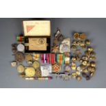 A tin of mixed First and Second World War medals, badges, etc. Including 16117 private E.C.Cox Essex