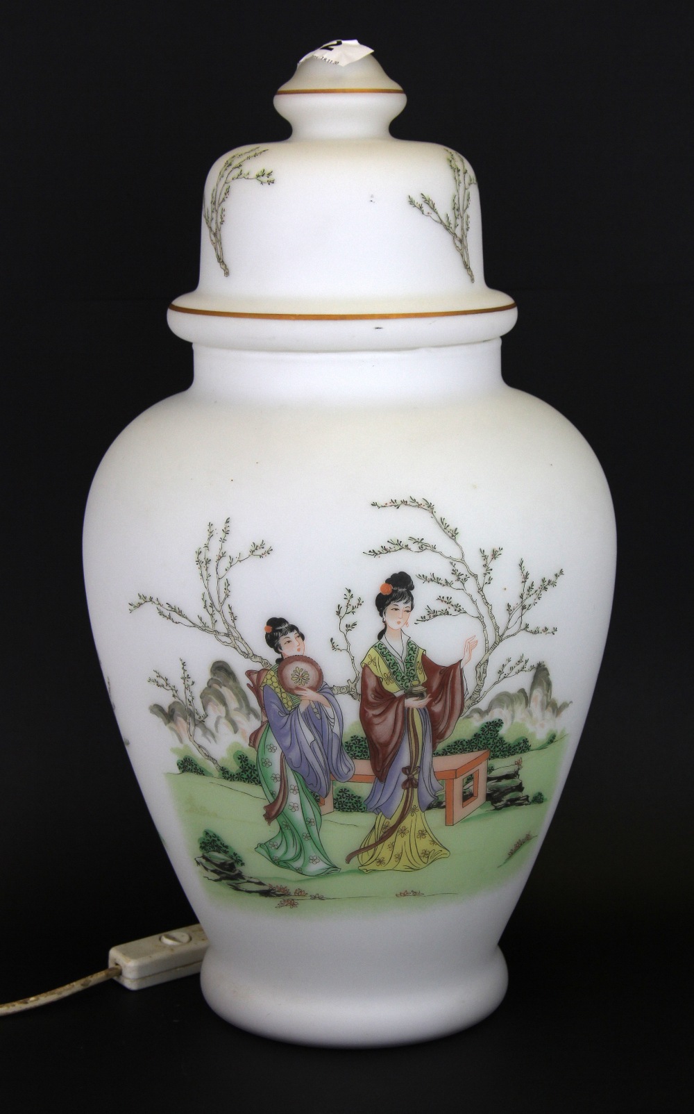 A Chinese milk glass jar and cover converted into a table lamp, H. 45cm.