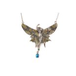 A 925 silver plique a jour enamel and opal Art Nouveau style necklace, wing span 6cm.