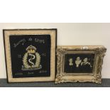A WW II embroidered framed souvenir of Egypt and similar period framed photograph of three women,