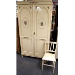 A 1920's two door wardrobe with matching tallboy and bedroom chair all with original paint and