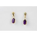 A pair of 9ct yellow gold amethyst set drop earrings, L. 1.5cm.