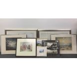 A group of framed watercolours and prints, including a pair of limited editions 70/150 and 42/150 by