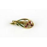 A 9ct yellow gold ruby and diamond set brooch, L. 3cm.