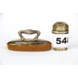 A miniature hallmark silver cased perfume bottle, H. 4cm. Together with a hallmark silver nail