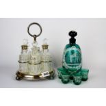 A silver plate and cut glass six bottle cruet together with a Venetian liquor decanter and five