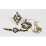 A set of silver marcasite and amethyst jewellery, comprising of a ring, a pendant with chain and