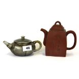 A Chinese terracotta teapot together with a pewter teapot with Jade/ hardstone handle and spout,