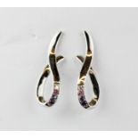 A pair of 9ct white gold earrings set with diamond, tourmaline, tanzanite and amethyst, L. 2.5cm.