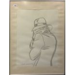 A large Mark Wadel ink wash stylish picture of a gentleman in a panama hat, frame size 71 x 97cm.