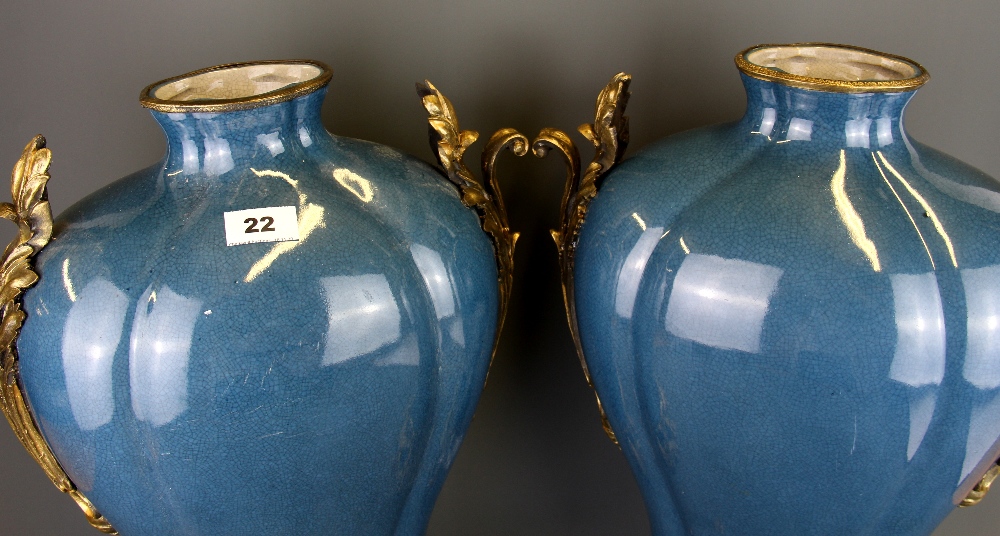 A pair of large continental ormolu mounted crackle glazed porcelain vases, H. 49.5cm. - Image 2 of 3