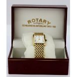 A boxed gentleman's 9ct yellow gold (stamped 9k) Rotary wrist watch with sapphire set winder,