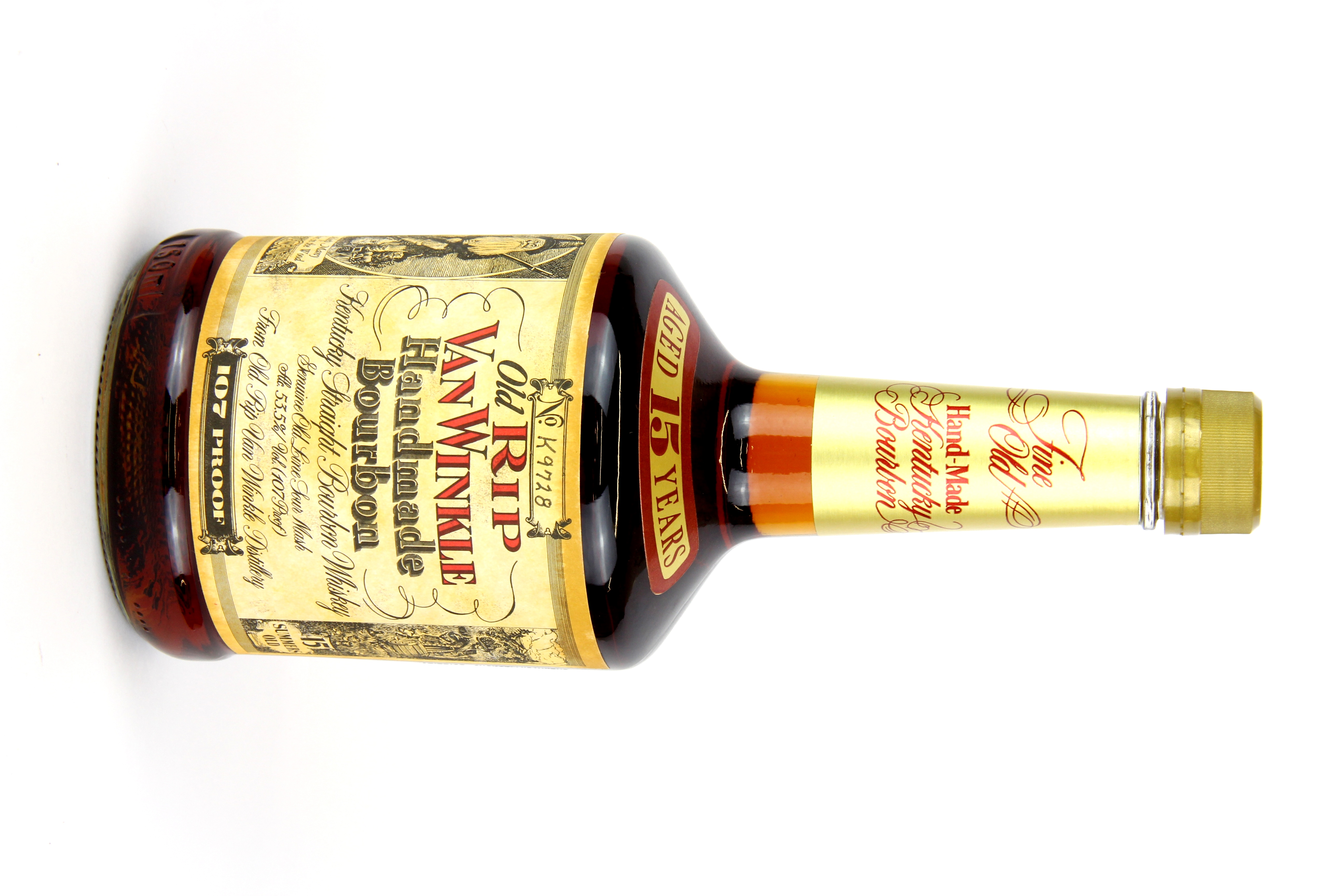 A bottle of 107 proof Old Rip Van Winkle handmade bourbon, no. K9728.