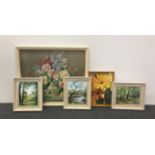 Three framed oils on board signed D.Wilson, 28 x 33cm. Together with a large 1960's framed print and