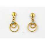A pair of 22ct yellow gold (stamped 22ct) turquoise set drop earrings, L. 2cm.