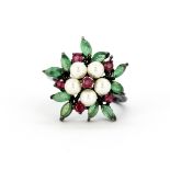 A 925 silver ring set with pearls, marquise cut emeralds and rubies, (P).