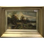 A framed oil on canvas entitled "The Ferry" by J.F.Tree '09, some damage to canvas, frame size 65