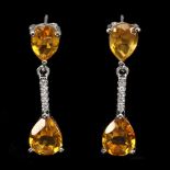 A pair of 925 silver pear cut citrine and white stone set drop earrings, L. 2.5cm.