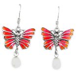 A pair of 925 silver enamelled butterfly shaped pearl set drop earrings, L. 3.3cm.