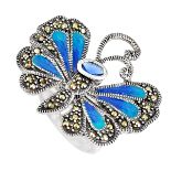 A 925 silver and marcasite butterfly shaped enamelled ring set with an oval cut blue stone, L.