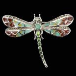 A 925 silver and marcasite enamelled dragonfly shaped brooch / pendant set with emeralds and