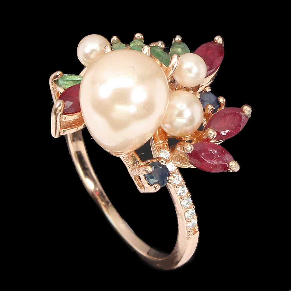 A 925 silver rose gold gilt ring set with marquise cut emeralds, sapphire and rubies, (O.5). - Image 2 of 2