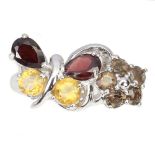A 925 silver butterfly shaped ring set with garnet, citrines and smoky quartz, (N.5).