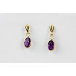 pair of 9ct yellow gold amethyst set drop earrings, L. 1.5cm.