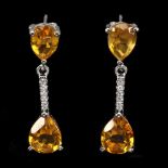 A pair of 925 silver citrine and white stone set drop earrings, L. 2cm.