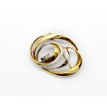 A 9ct yellow and white gold (tested) brooch set with sapphire and diamond, L. 3cm.