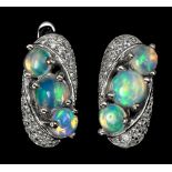 A pair of 925 silver earrings set with cabochon cut opals and white stones, L. 1.6cm.