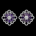 A pair of 925 silver amethyst and white stone set cluster earrings, L. 2cm.