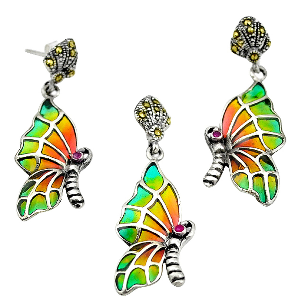 A pair of 925 silver and marcasite enamelled and ruby set butterfly shaped earrings and matching