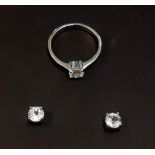 A pair of 925 silver stud earrings set with round cut white topaz and matching ring, (N.5).