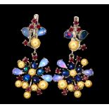 A pair of 925 silver drop earrings set with cream pearls, rubies and black opals, L. 3.5cm.
