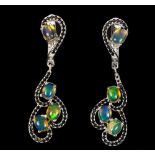 A pair of 925 silver drop earrings set with opals and black spinels, L. 30.4cm.