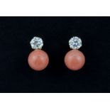A pair of 9ct yellow gold coral and white stone set earrings, L. 0.8cm.