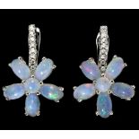 A pair of 925 silver flower shaped earrings set with cabochon cut opals and white stones, L. 2cm.