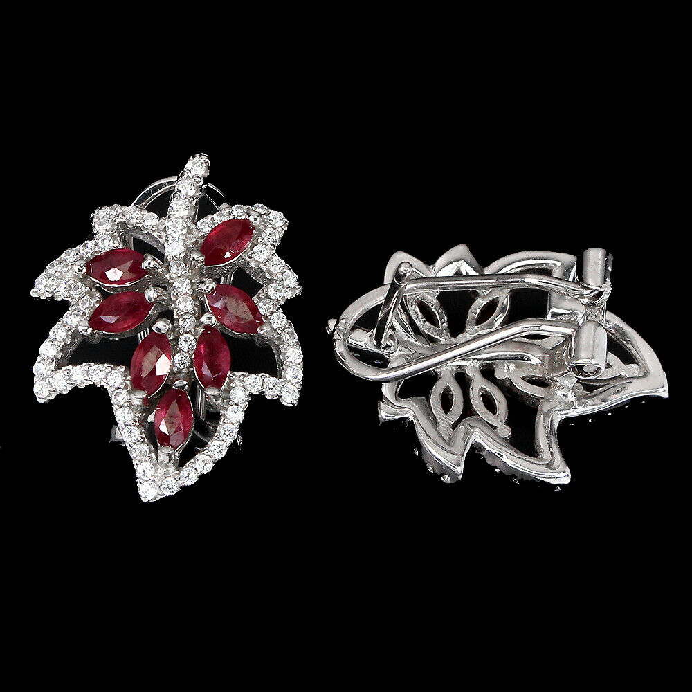 A pair of 925 silver leaf shaped earrings set with marquise cut rubies and white stones, L. 2cm. - Image 2 of 2