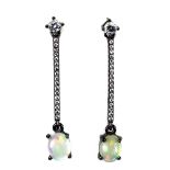 A pair of 925 silver drop earrings set with oval cabochon cut opals and white stones, L. 3.4cm.