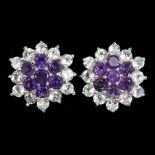 A pair of 925 silver amethyst and aquamarine set cluster earrings, Dia. 2cm.